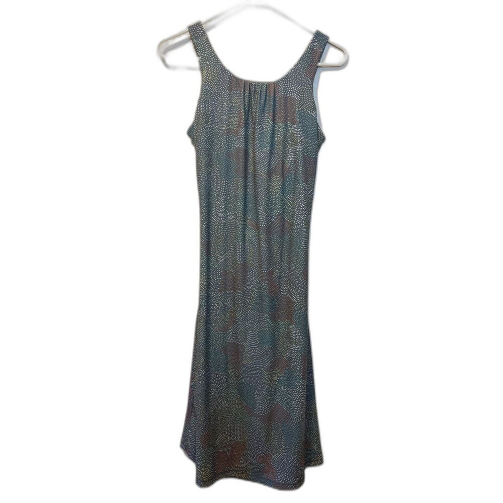 Prana tank dress size Medium shelf bra open back gray multi color dot print